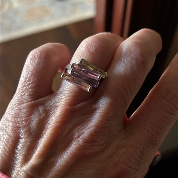 Silver Gemstone Ring w peridot, aquamarine, rose quartz, amethyst - Picture 2 of 2